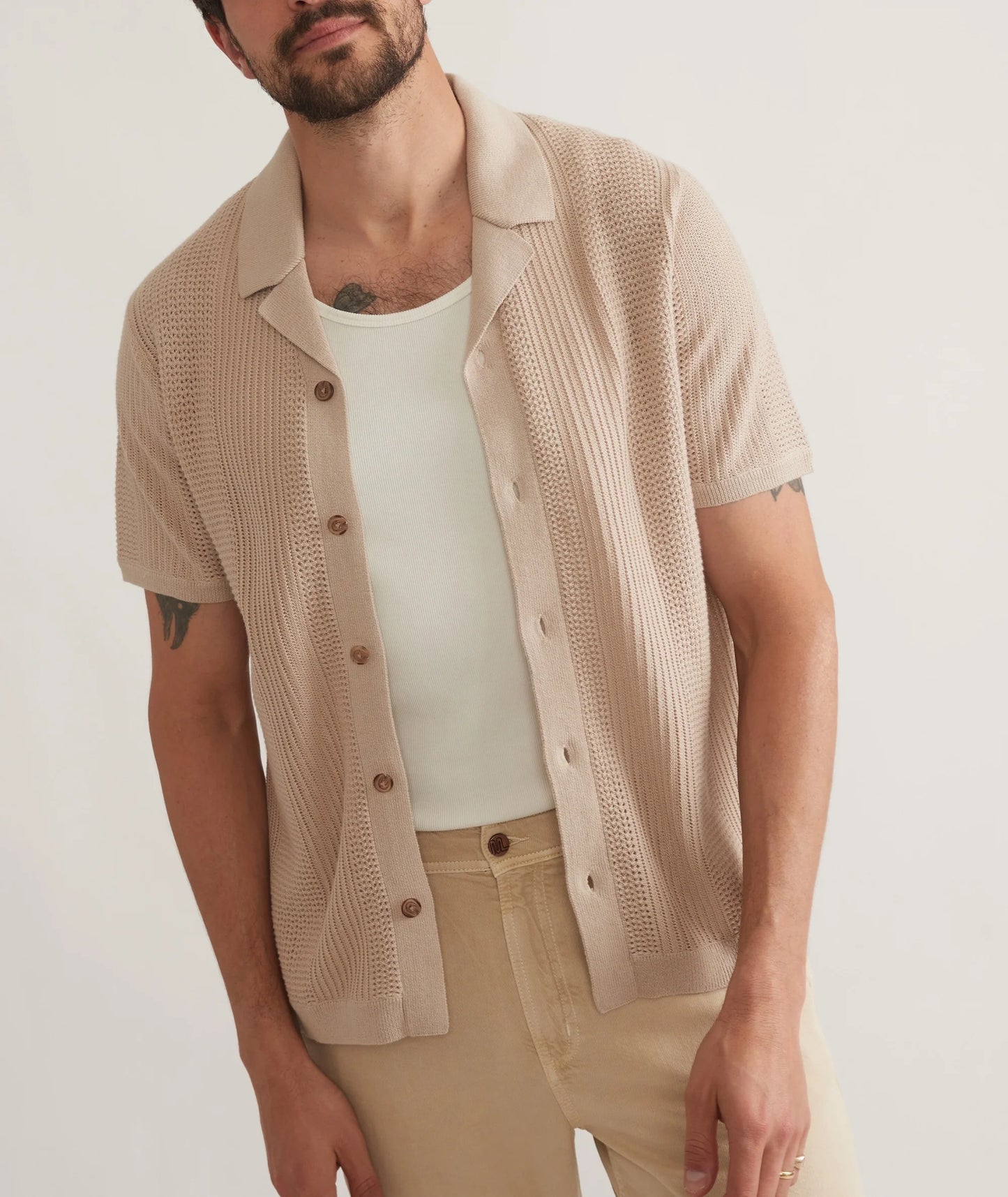Marine Layer - MARINE LAYER ASHER SWEATER RESORT SHIRT IN SAND - Rent With Thred