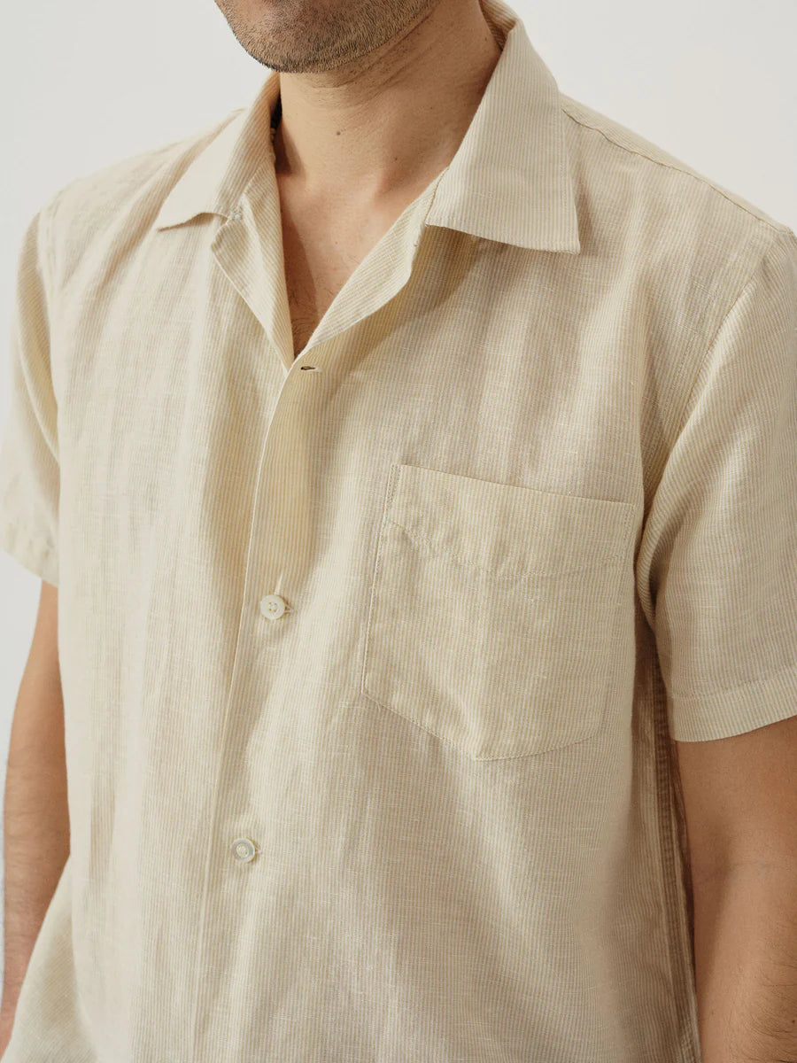Buck Mason - BUCK MASON BREEZE COTTON LINEN S/S CAMP SHIRT IN NATURAL/OCHRE CUT STRIPE - Rent With Thred