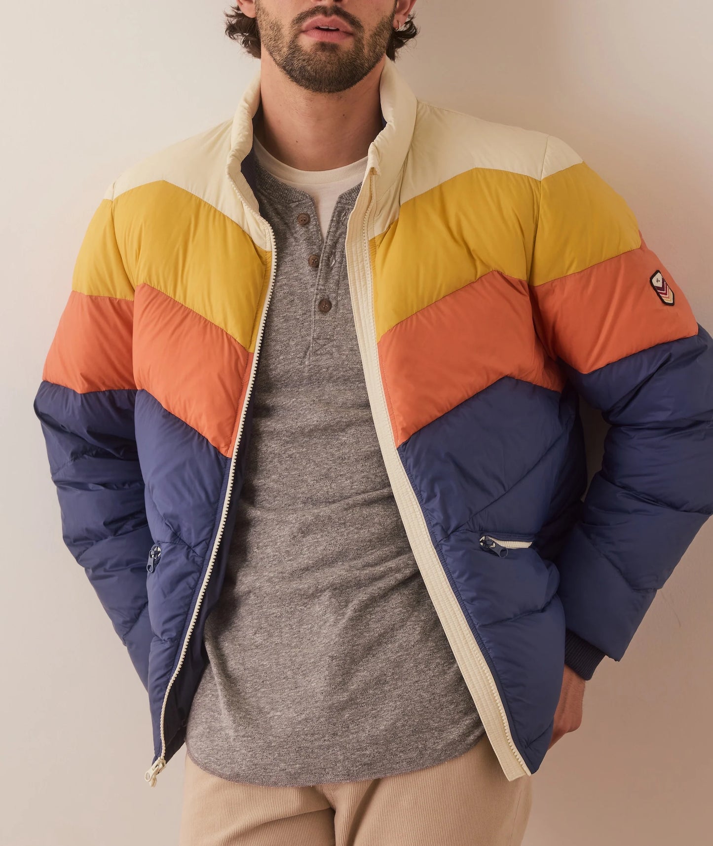 Marine Layer - MARINE LAYER COLORBLOCK PUFFER JACKET IN BLUE/ORANGE COLORBLOCK - Rent With Thred