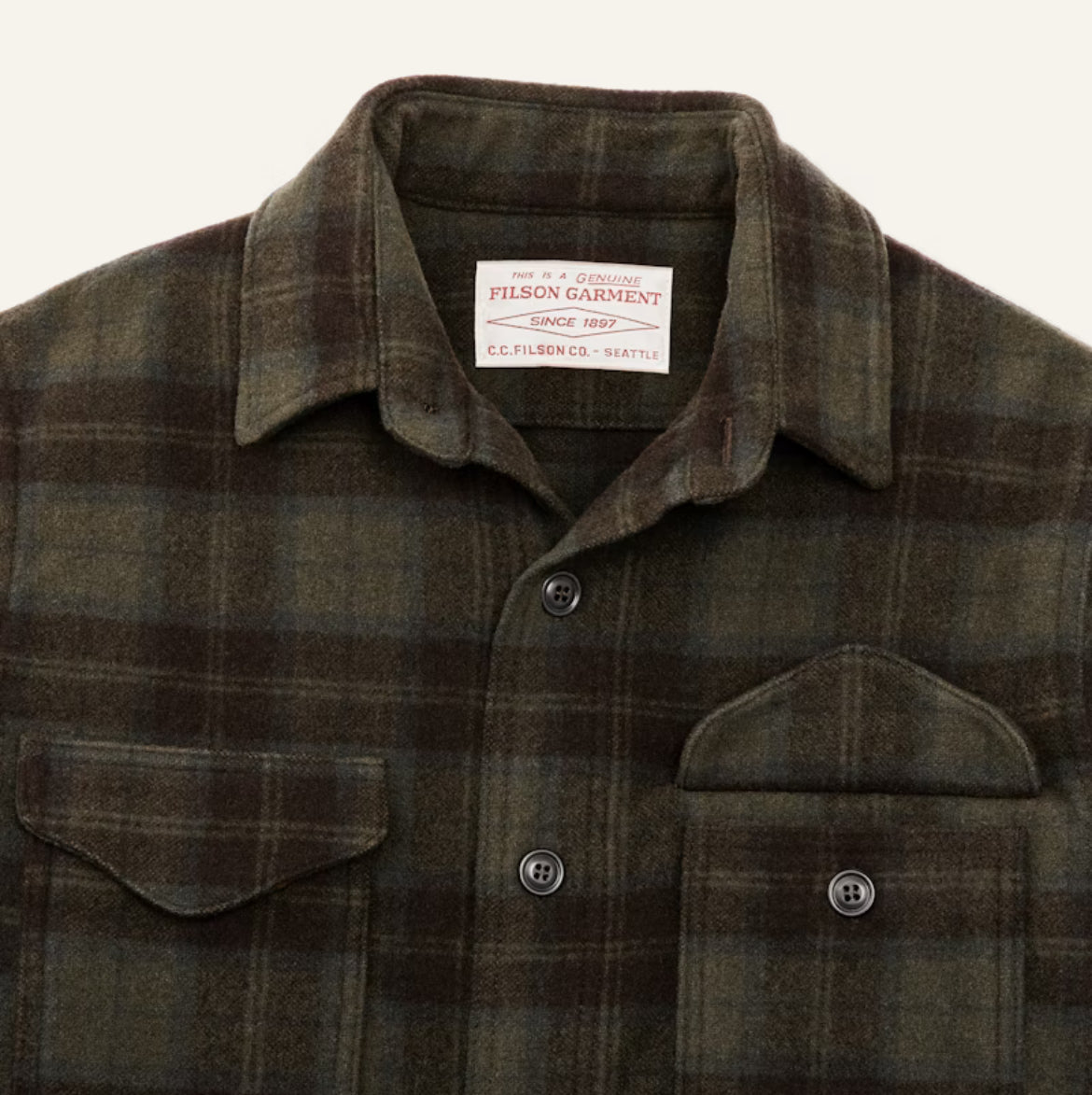 Filson - FILSON WOOL JAC-SHIRT IN OLIVE AND BROWN PLAID - Rent With Thred