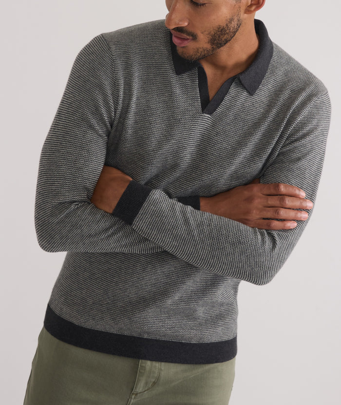 Marine Layer - MARINE LAYER LIAM SWEATER POLO IN BLACK OYSTER/PEARL GREY - Rent With Thred