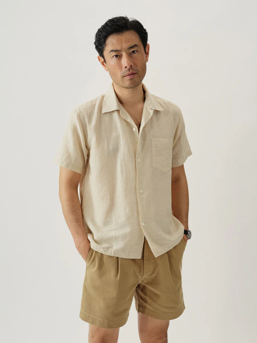 Buck Mason - BUCK MASON BREEZE COTTON LINEN S/S CAMP SHIRT IN NATURAL/OCHRE CUT STRIPE - Rent With Thred