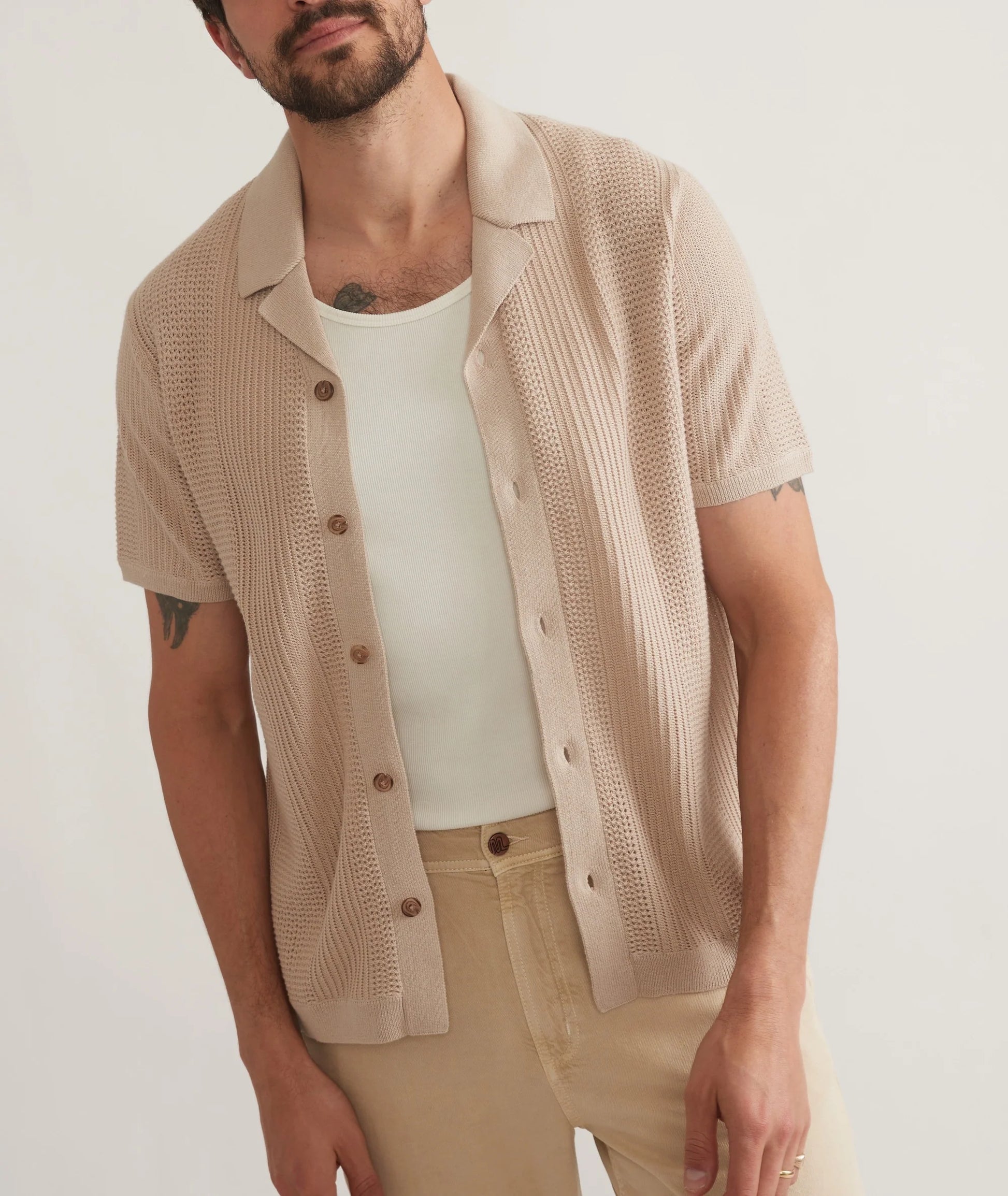 Marine Layer - MARINE LAYER ASHER SWEATER RESORT SHIRT IN SAND - Rent With Thred