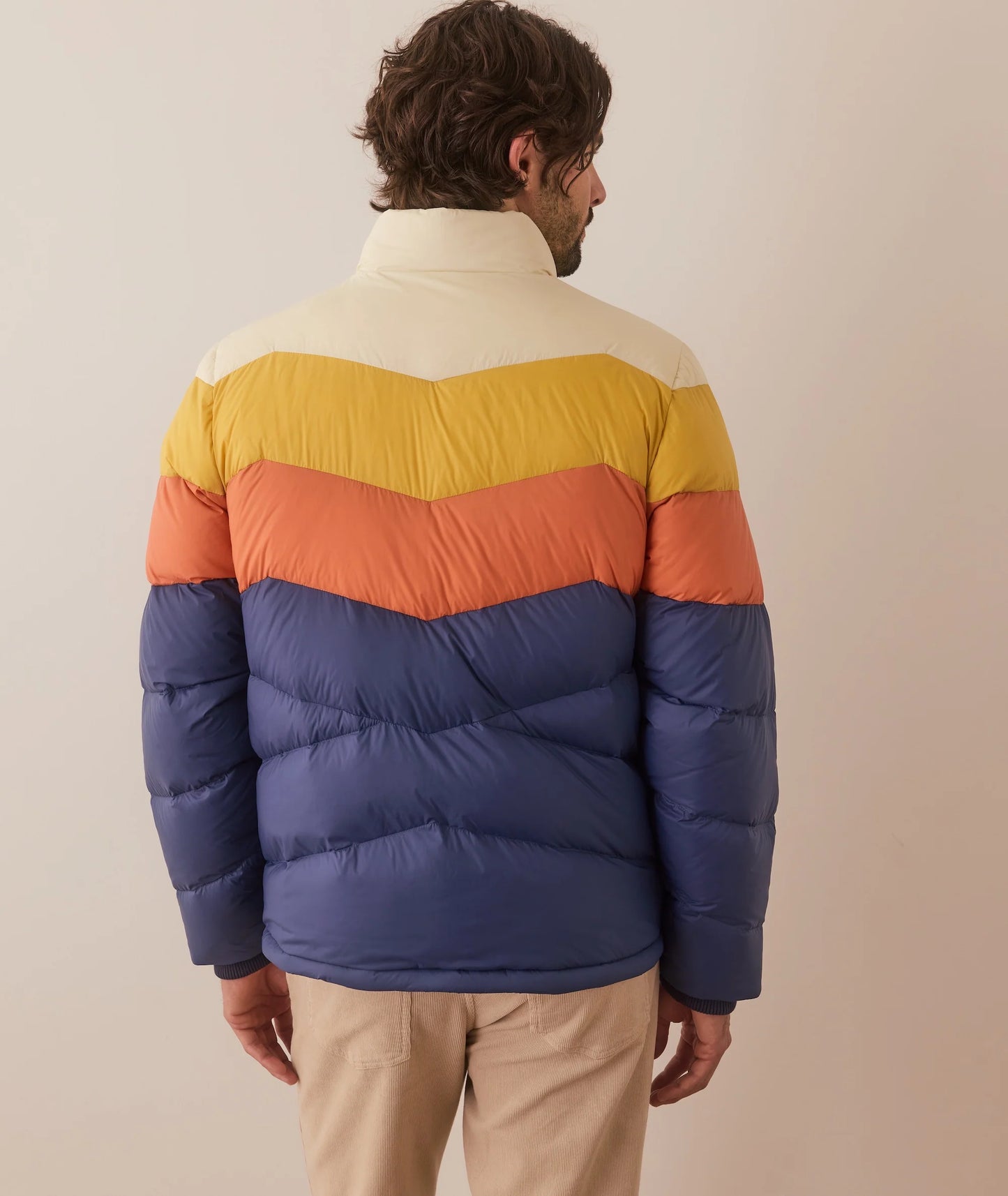 Marine Layer - MARINE LAYER COLORBLOCK PUFFER JACKET IN BLUE/ORANGE COLORBLOCK - Rent With Thred