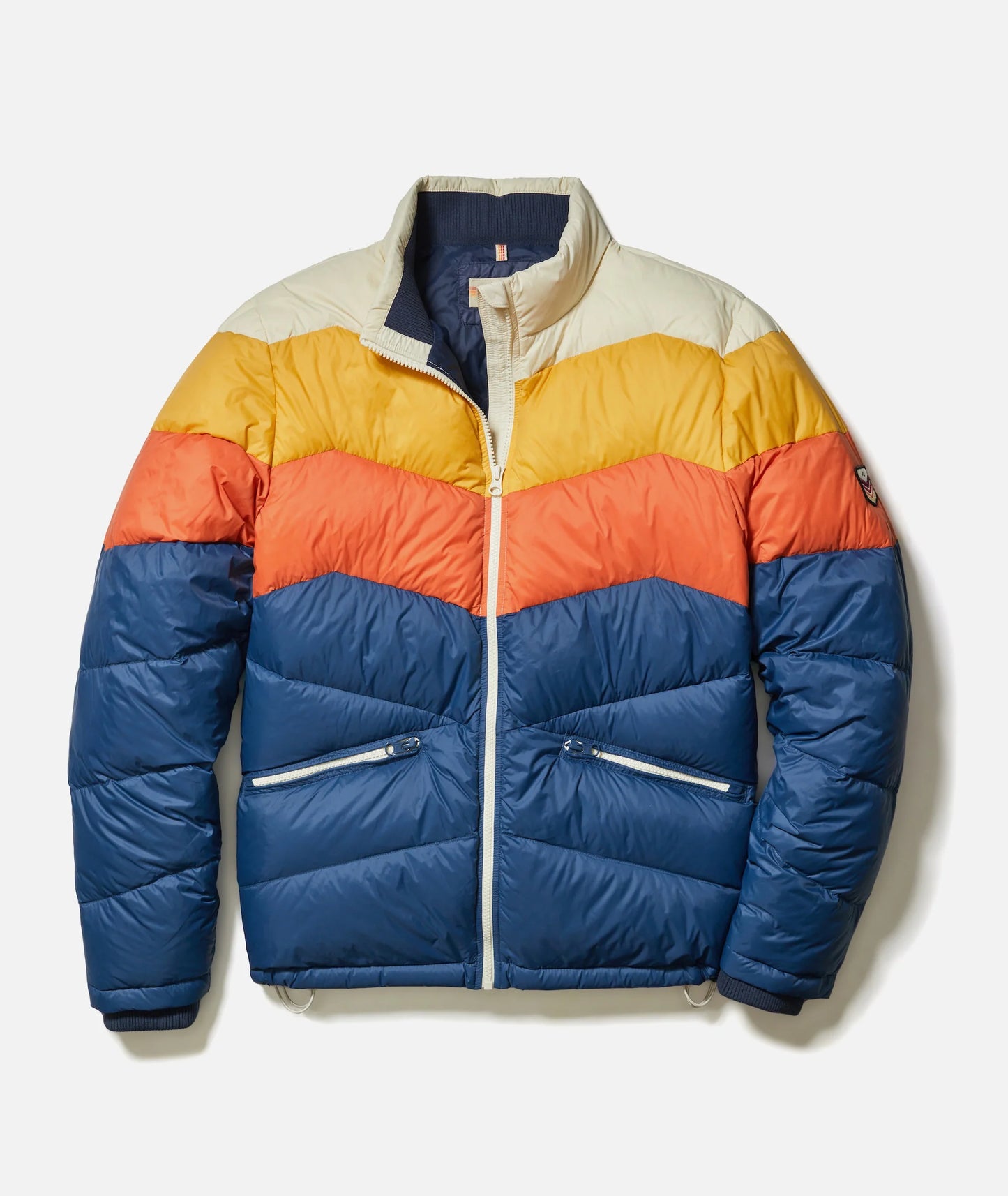 Marine Layer - MARINE LAYER COLORBLOCK PUFFER JACKET IN BLUE/ORANGE COLORBLOCK - Rent With Thred
