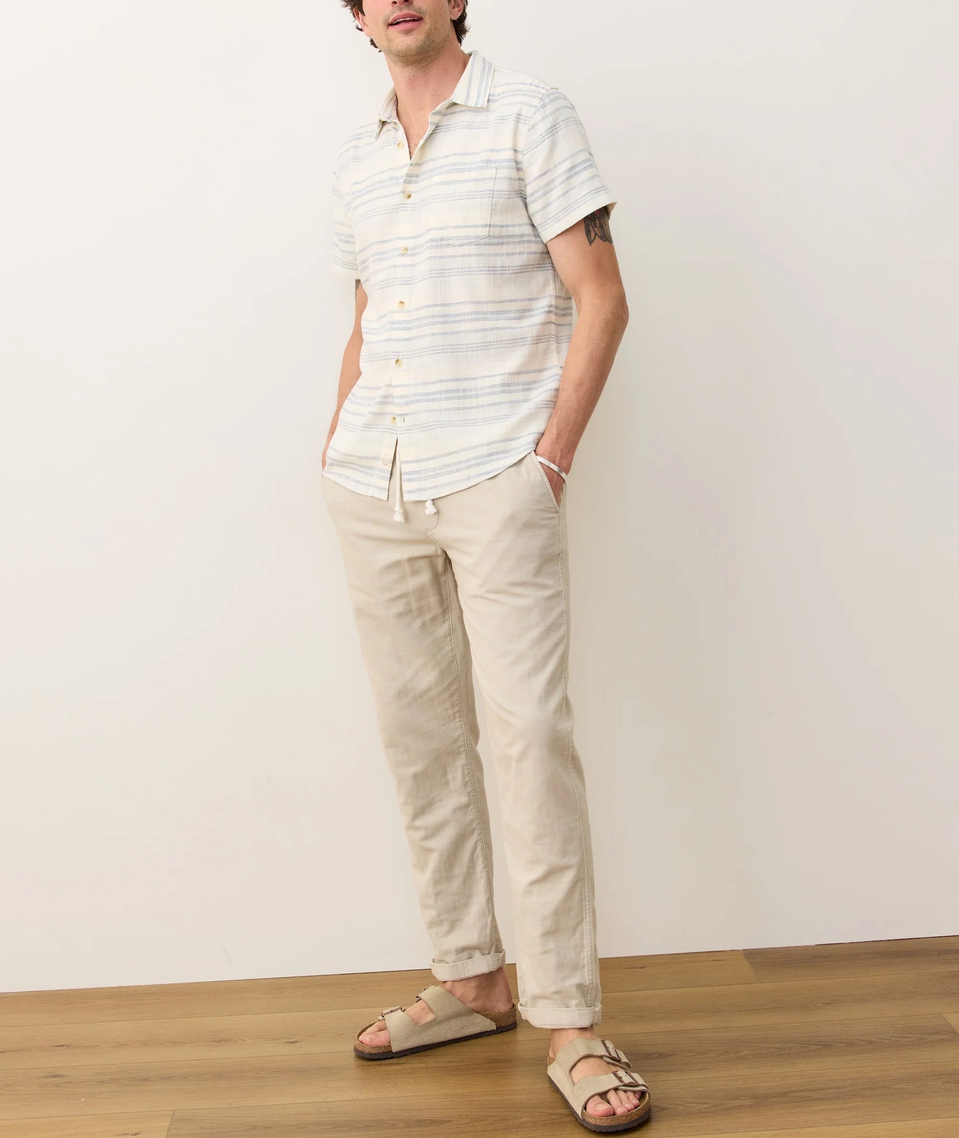 Marine Layer - MARINE LAYER STRETCH SELVAGE SHORT SLEEVE SHIRT IN COOL BAJA STRIPE - Rent With Thred