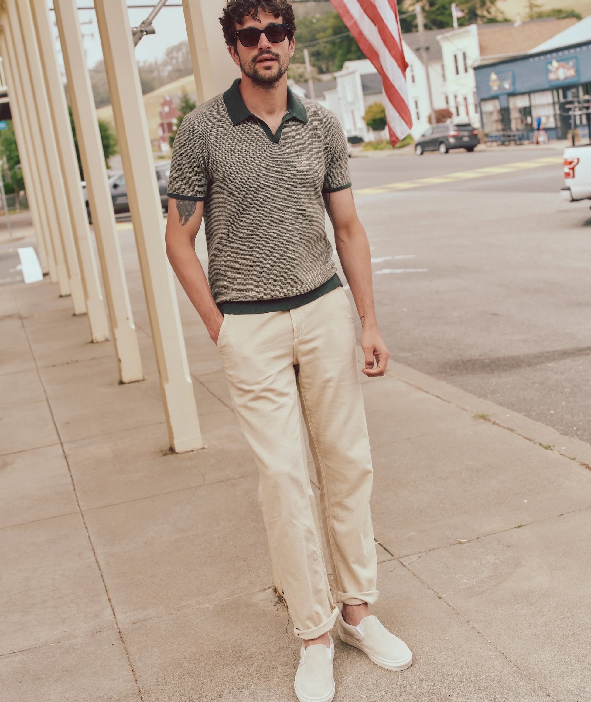 Marine Layer - MARINE LAYER LIAM SWEATER POLO IN OLIVE/DRIFTWOOD - Rent With Thred