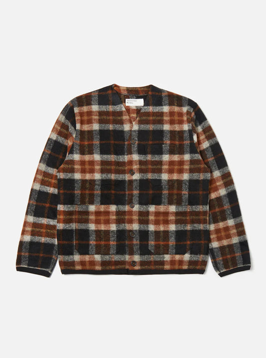 Universal Works - UNIVERSAL WORKS CARDIGAN IN BROWN BRITISH CHECK FLEECE - Rent With Thred
