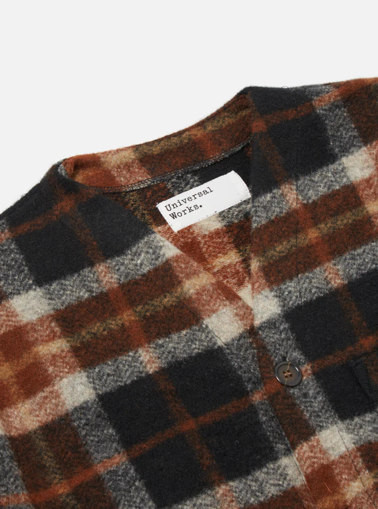 Universal Works - UNIVERSAL WORKS CARDIGAN IN BROWN BRITISH CHECK FLEECE - Rent With Thred