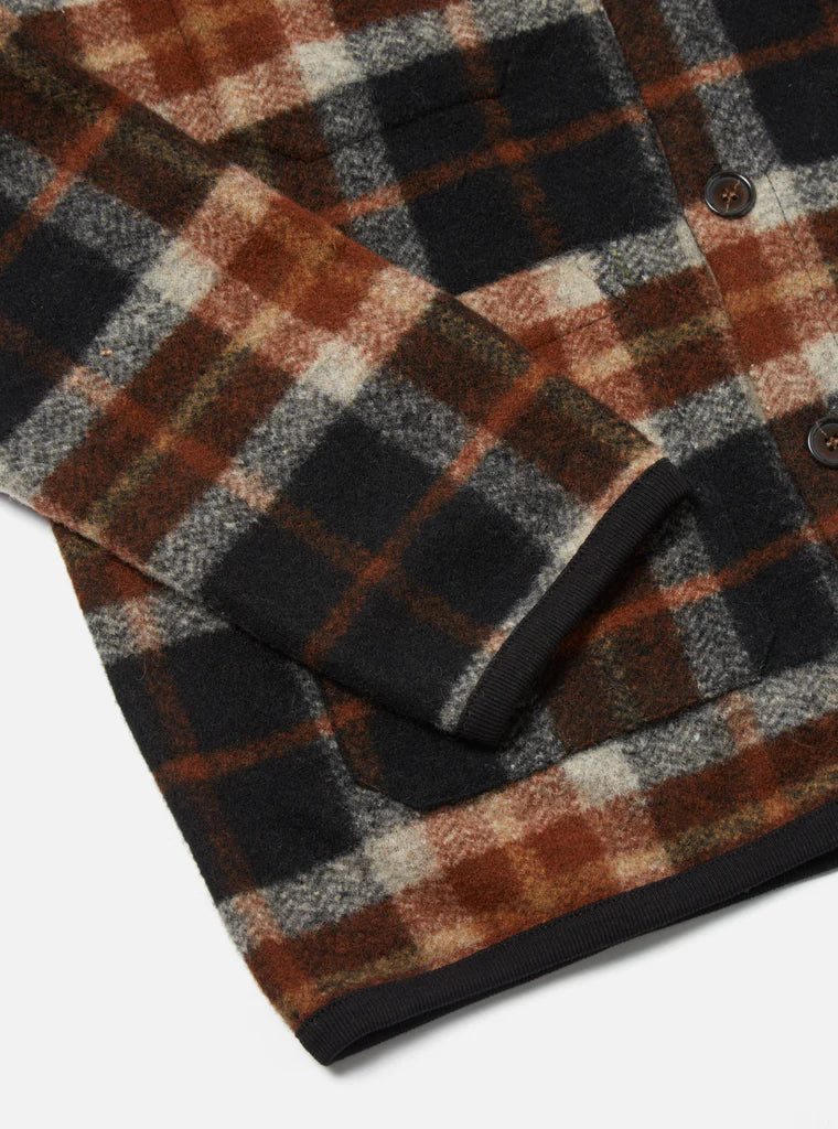 Universal Works - UNIVERSAL WORKS CARDIGAN IN BROWN BRITISH CHECK FLEECE - Rent With Thred
