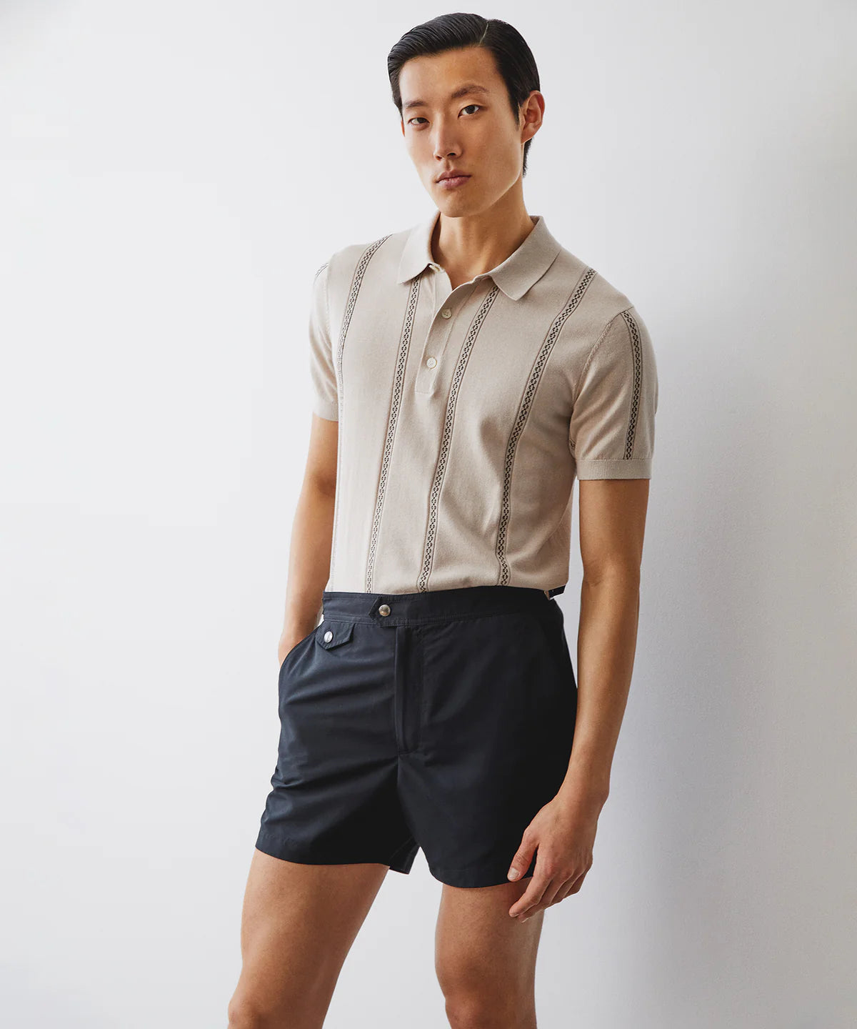 Todd Snyder - TODD SNYDER DECO STRIPE SHORT-SLEEVE SWEATER POLO IN DESERT BEIGE - Rent With Thred